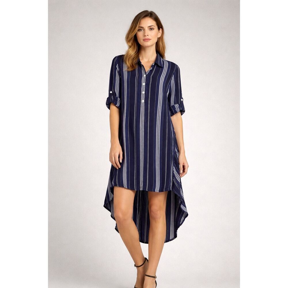 Max Edition Striped High Low Tunic Dress Small Blue Rayon